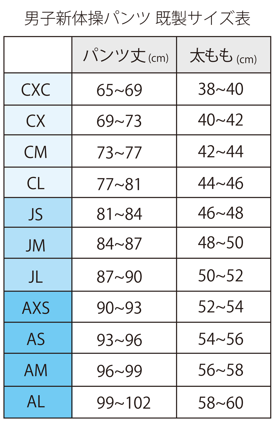 男子新体操サイズ表